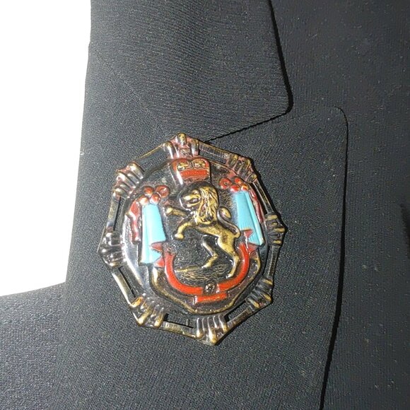 Large Hexagonal Lion Crest Brooch Pin Vintage Bronze Enamel Crown Banner Design - Picture 5 of 9
